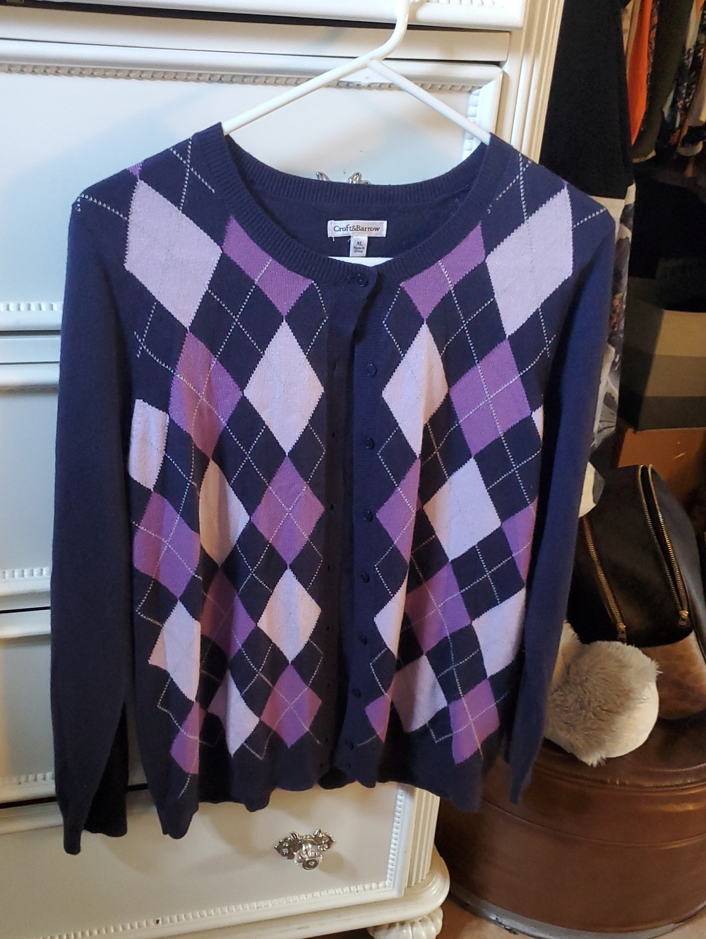 croft & barrow Navy and Purple Argyle Button-Up Cardigan